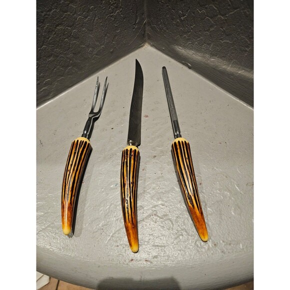 Vintage Crown Crest Sheffield Carving Set Set of 3 Faux Stag Horn - Picture 1 of 6